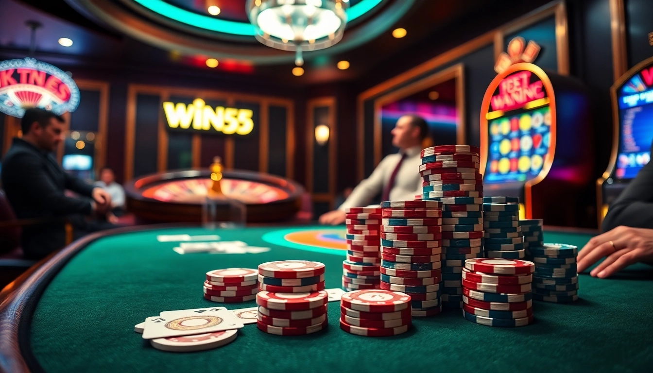Exciting poker game at a luxury casino featuring Win55; vibrant chips and cards create a thrilling atmosphere.