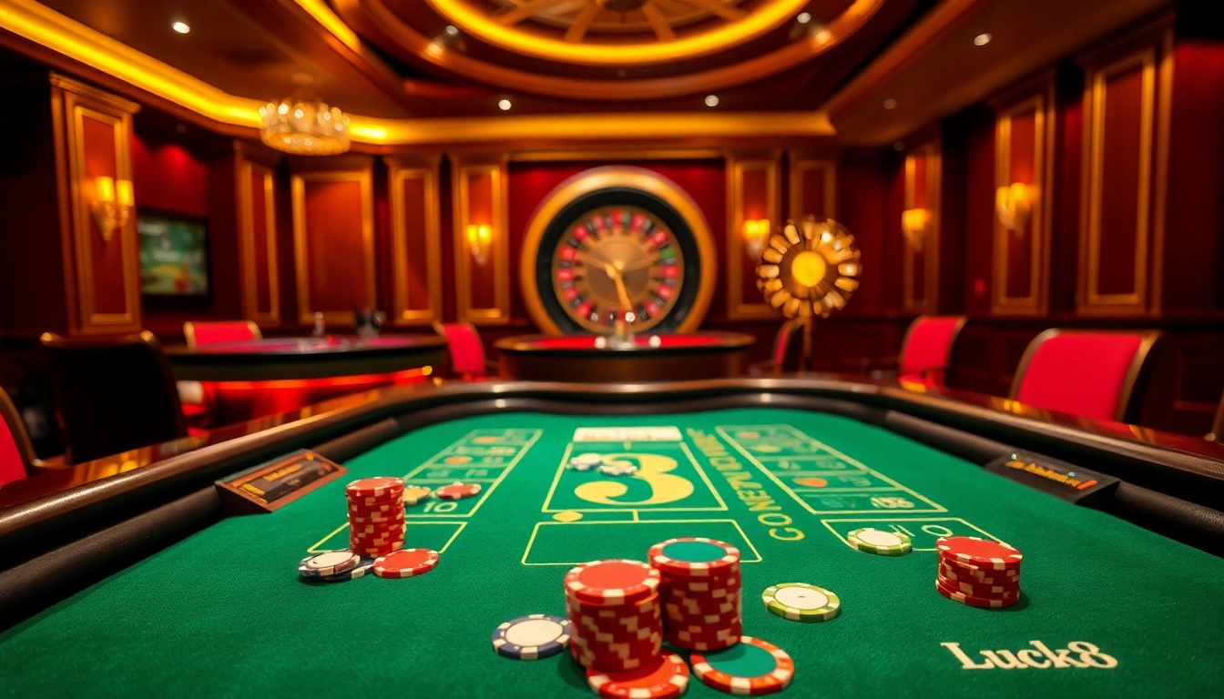 Luck8 showcases an exciting casino scene with a blackjack table and vibrant poker chips.