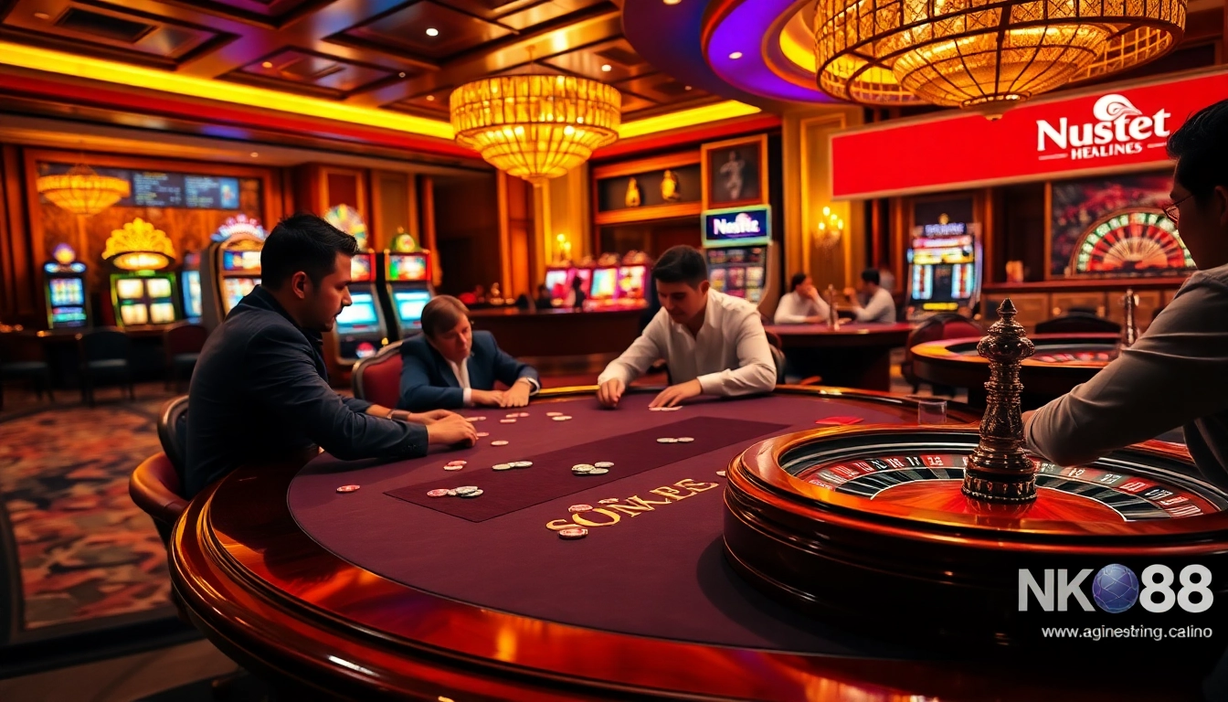 Players engaging in an exciting poker game at https://nk88.us.com/, highlighting vibrant casino atmosphere.