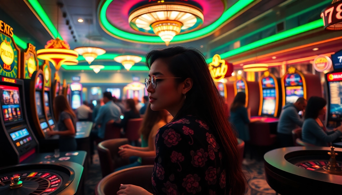 Experience the excitement of 789P, showcasing diverse players immersed in thrilling online gambling games in a vibrant casino scene.