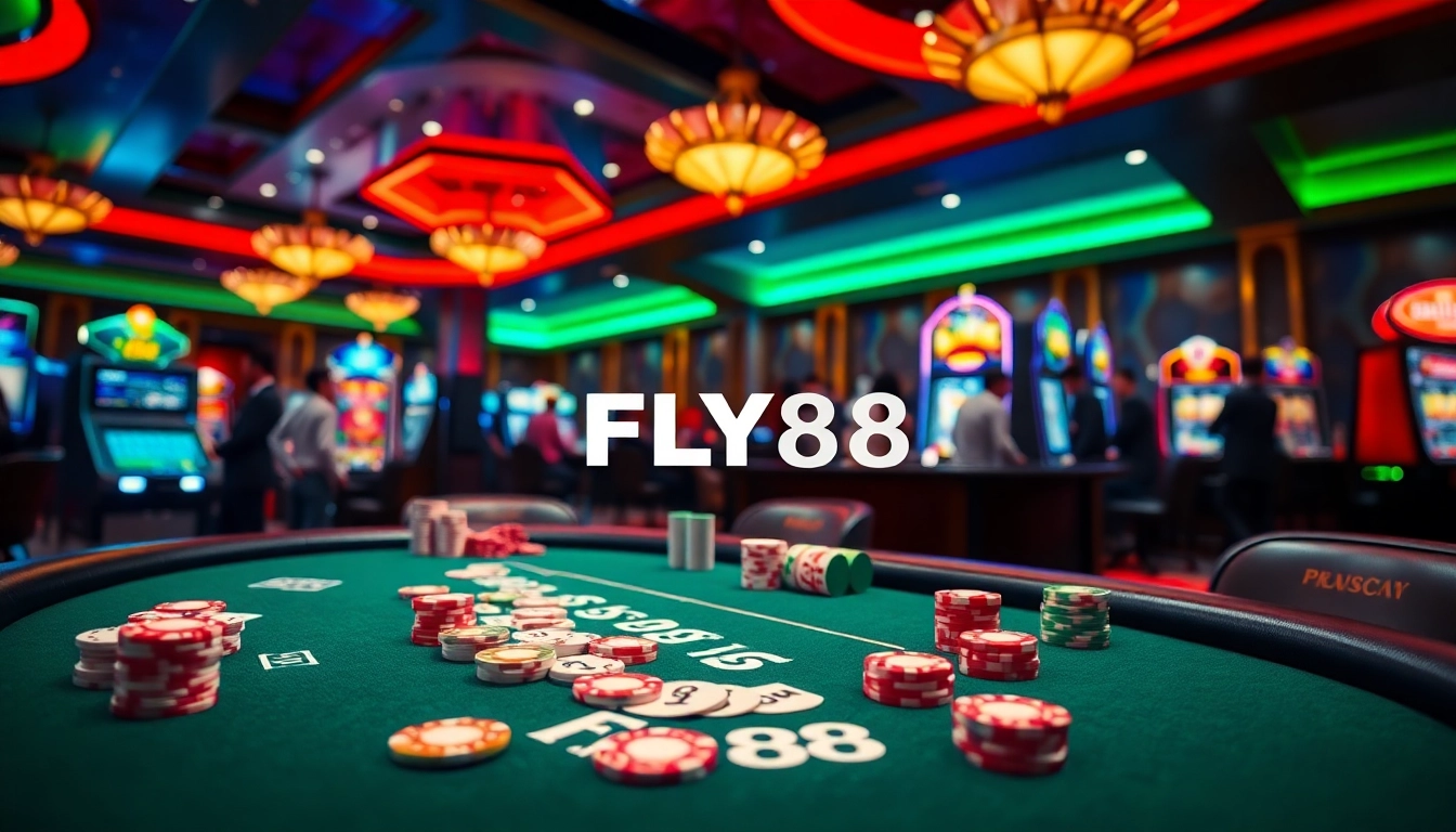 Experience the thrill of gambling at fly88.deal, featuring vibrant casino tables and excited players.