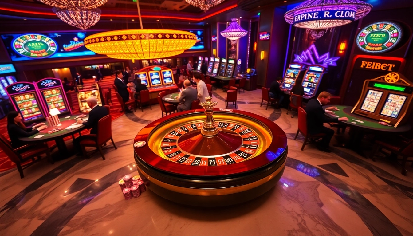 FEBET players engaging at a luxurious casino with exciting games and vibrant slot machines.