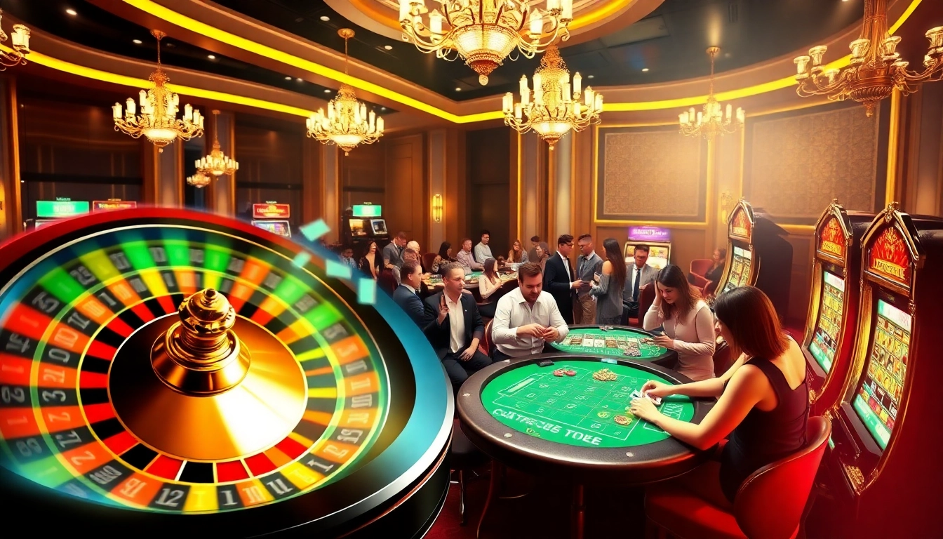 Players enjoying thrilling games at c54.gb.net casino, showcasing poker, roulette, and vibrant slot machines.