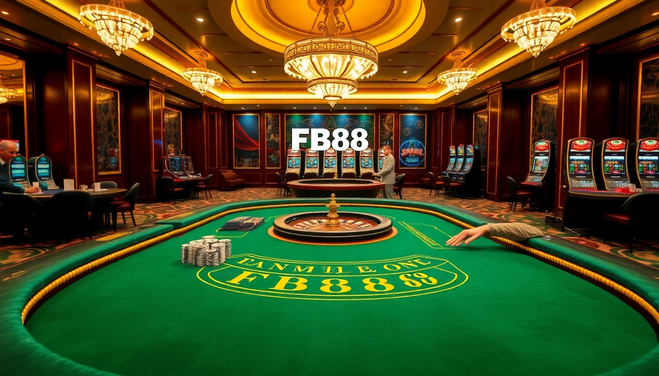 Experience the thrill of FB88's luxurious casino atmosphere with engaged players and stunning decor.