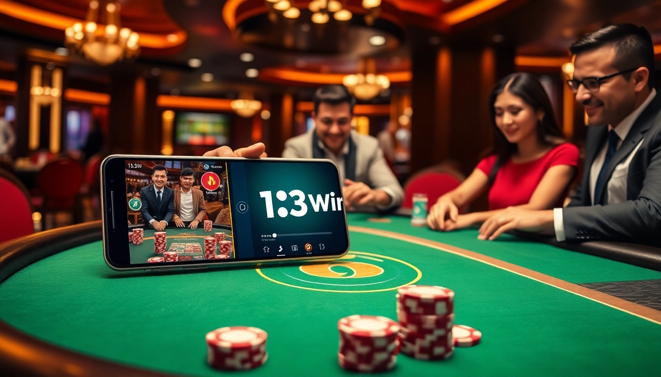 A dynamic scene illustrating the 13Win app on a smartphone at a luxurious casino table, conveying excitement and strategy.