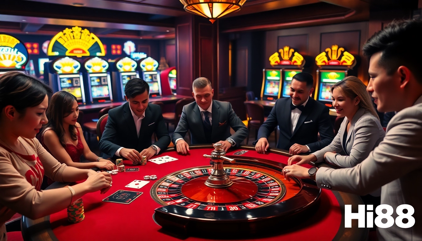 Hi88 players place bets at a vibrant casino table filled with excitement and poker chips.