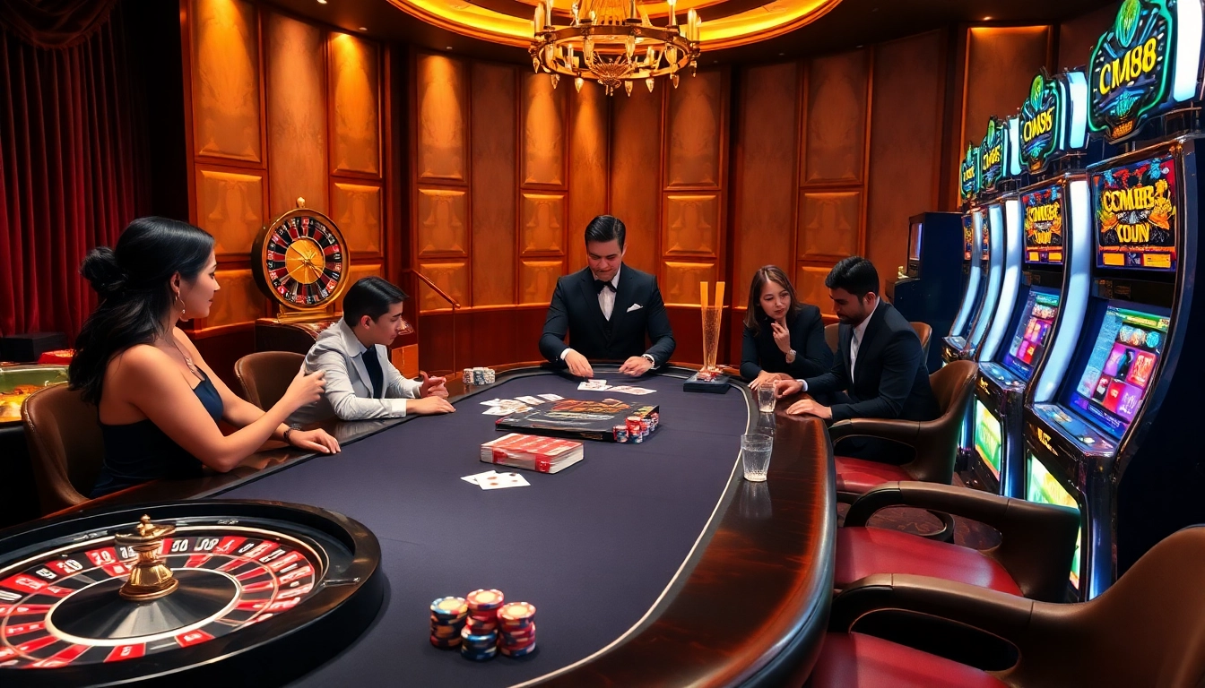 Experience the thrill of casino gaming with CM88 poker chips and dealers in a luxurious setting.