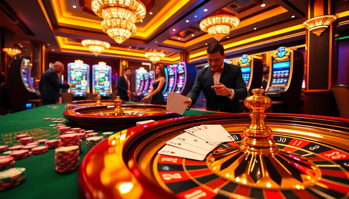 A posh casino scene featuring XX88 with roulette wheels, poker chips, and players engaged in thrilling games.