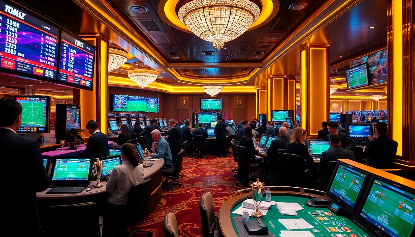 Betting on Kèo Bóng Đá amidst a vibrant casino scene with excited players and live odds displays.