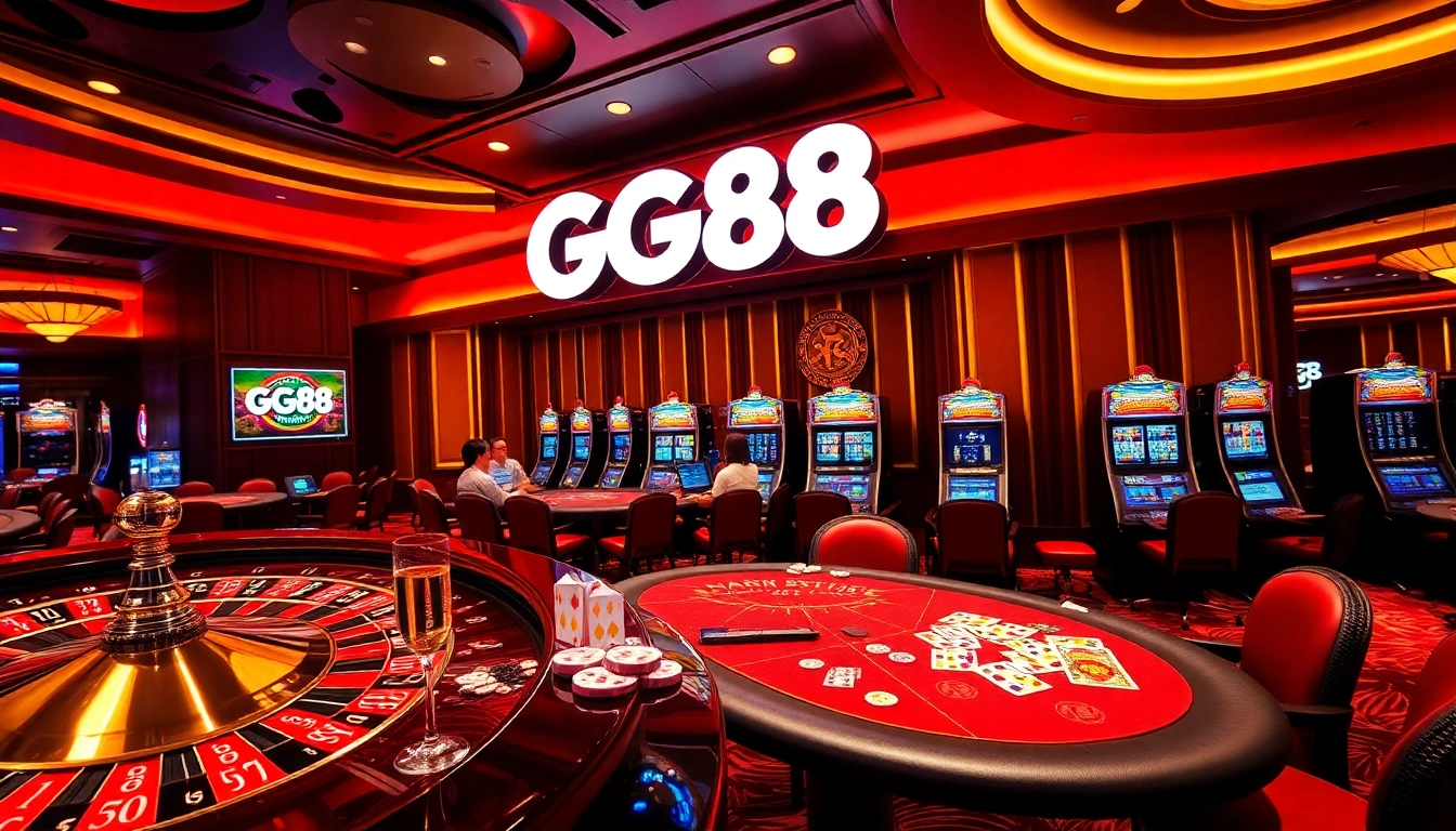 Players engaging in high-stakes games at GG88 casino, with roulette and poker tables.