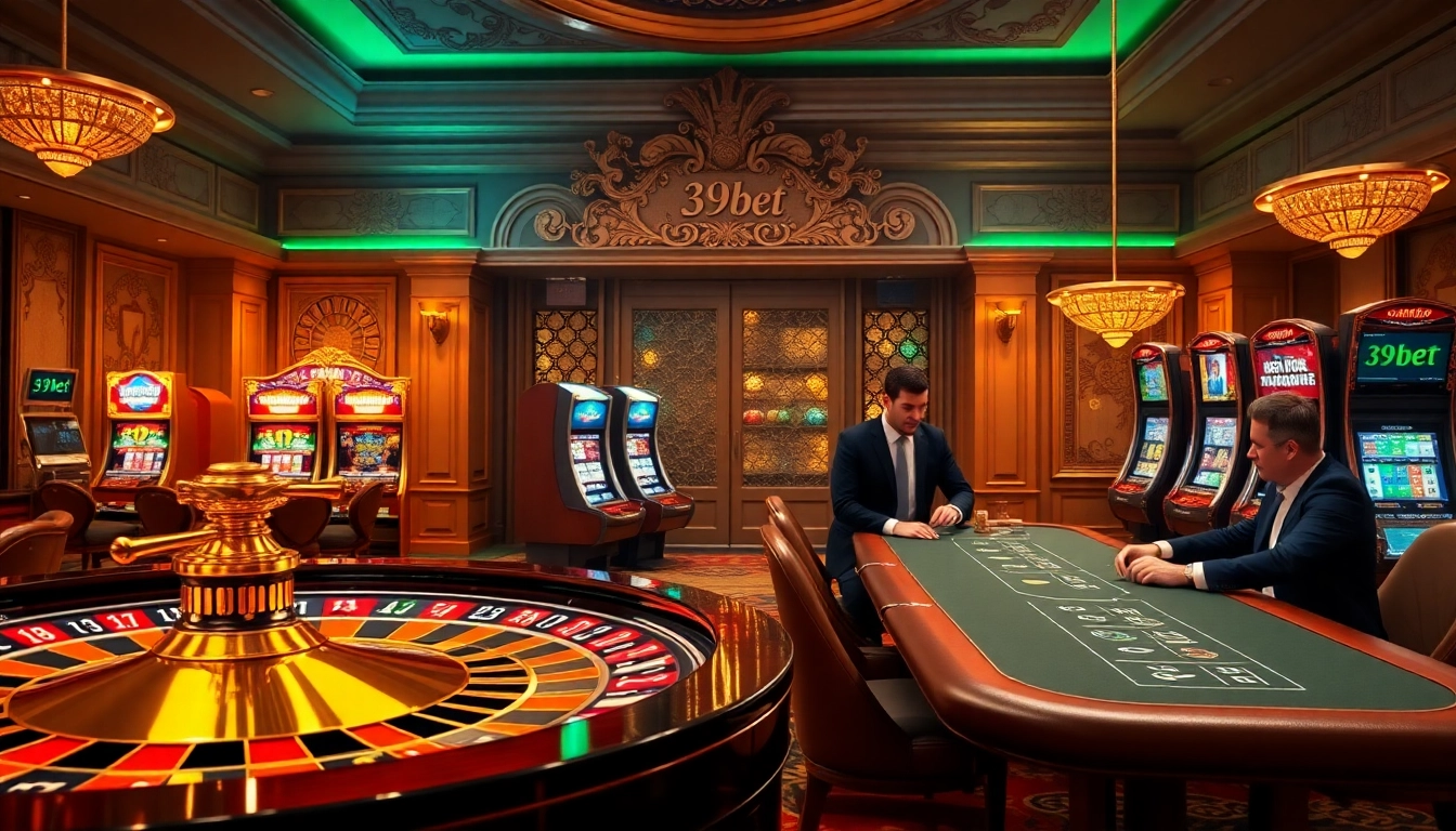 Experience the thrill of betting at 39bet, featuring an elegant casino setup with vibrant slot machines and poker tables.