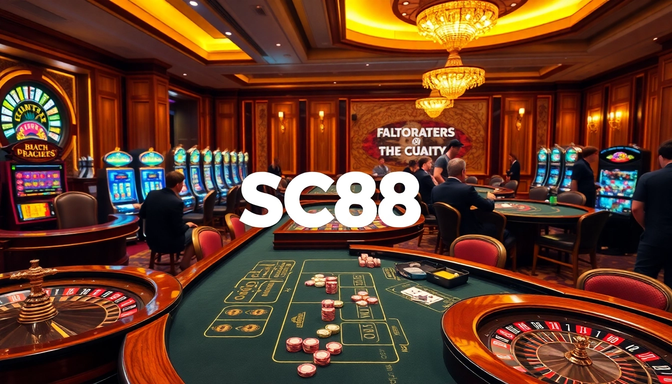 Engaged players enjoying games at SC88's vibrant casino setting with roulette and blackjack tables.