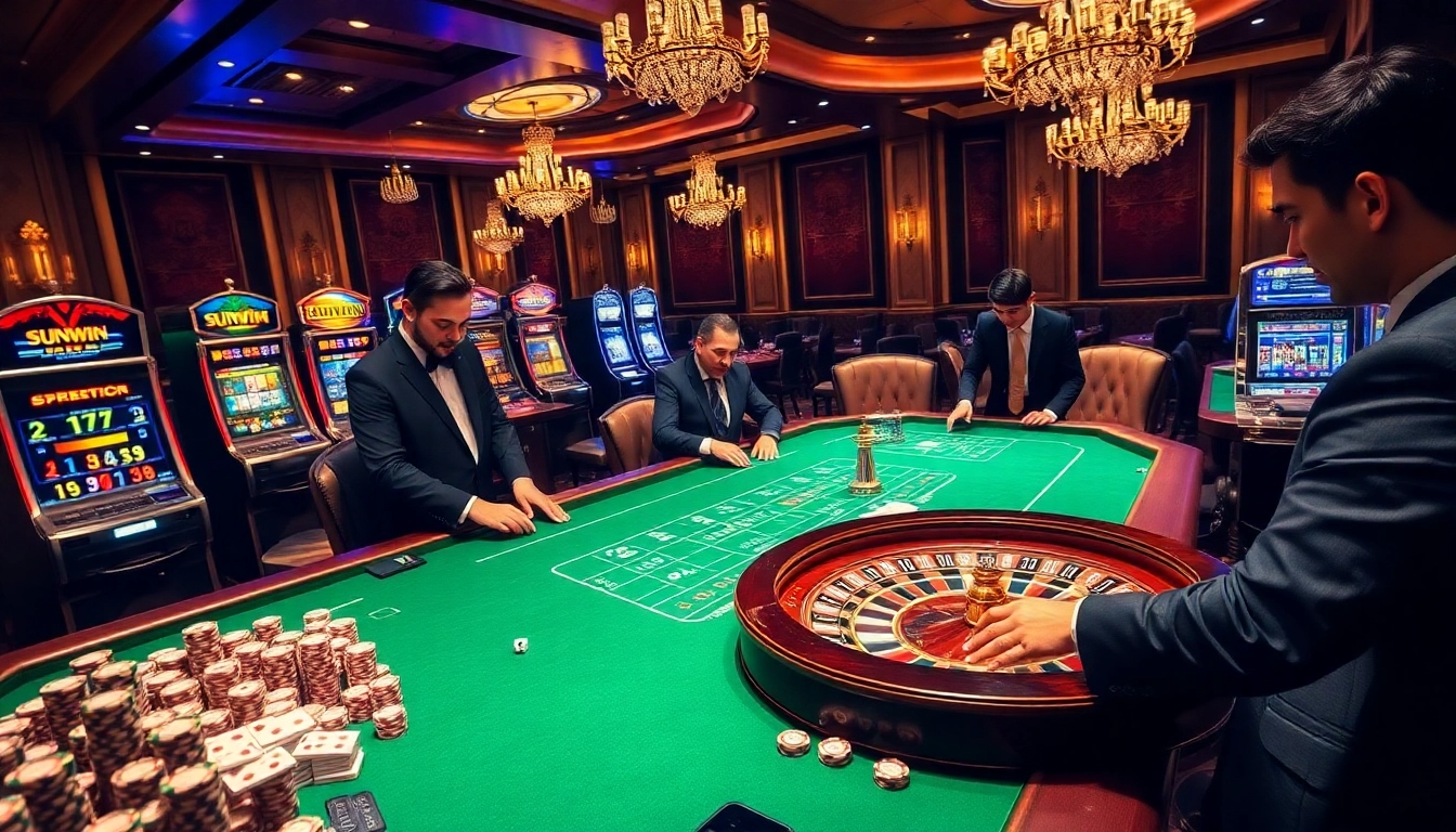 Gamblers enjoying a thrilling moment at a luxurious casino featuring SUNWIN gaming tables and vibrant decor.