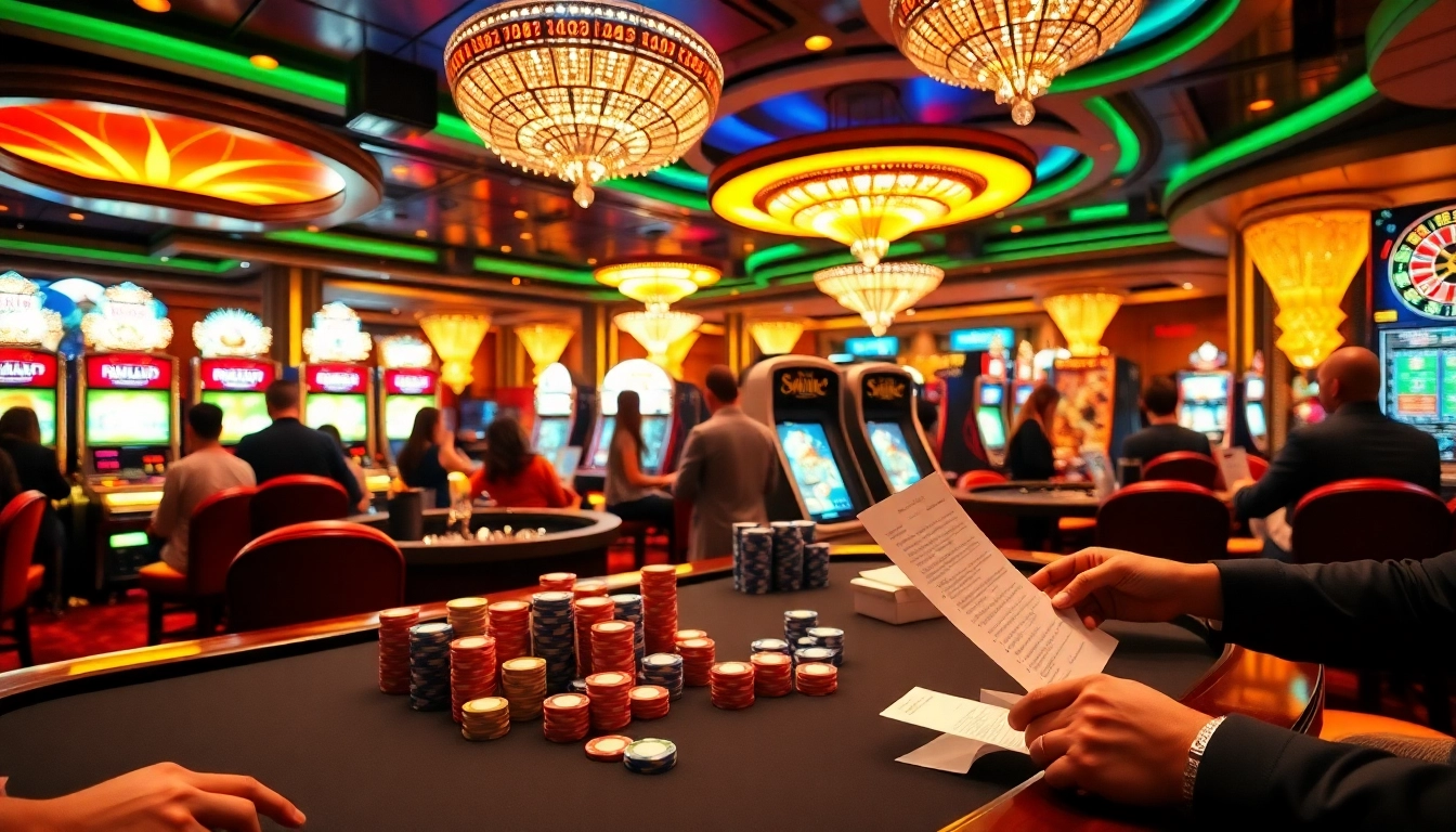 Players engaging in high-stakes poker at a vibrant casino with link OKFUN under lively lighting.