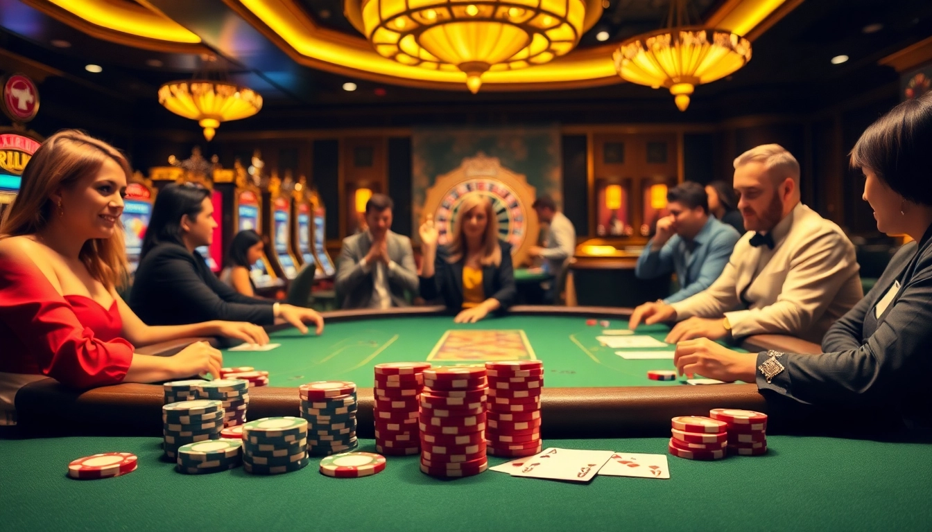 Players engage in strategic poker with s8 chips at a vibrant casino table.