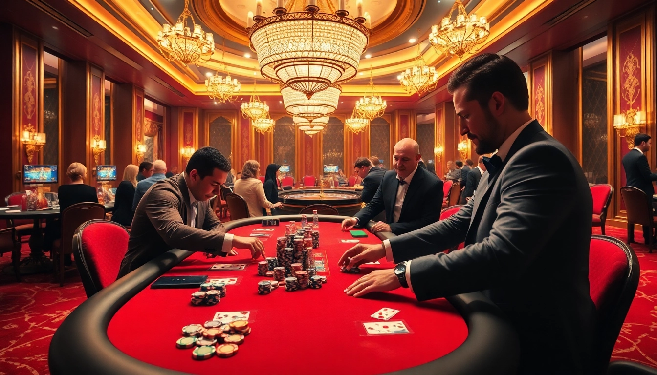 Engaging poker players on a luxurious casino floor at https://www.bdjl.win/ showcasing high-stakes excitement.