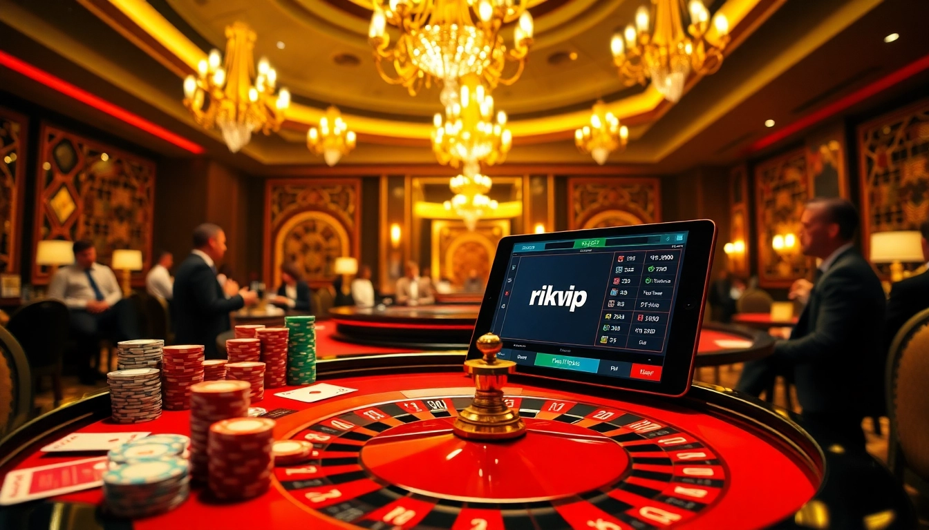 Players enjoying a thrilling game of poker at a luxury casino with rikvip elements.