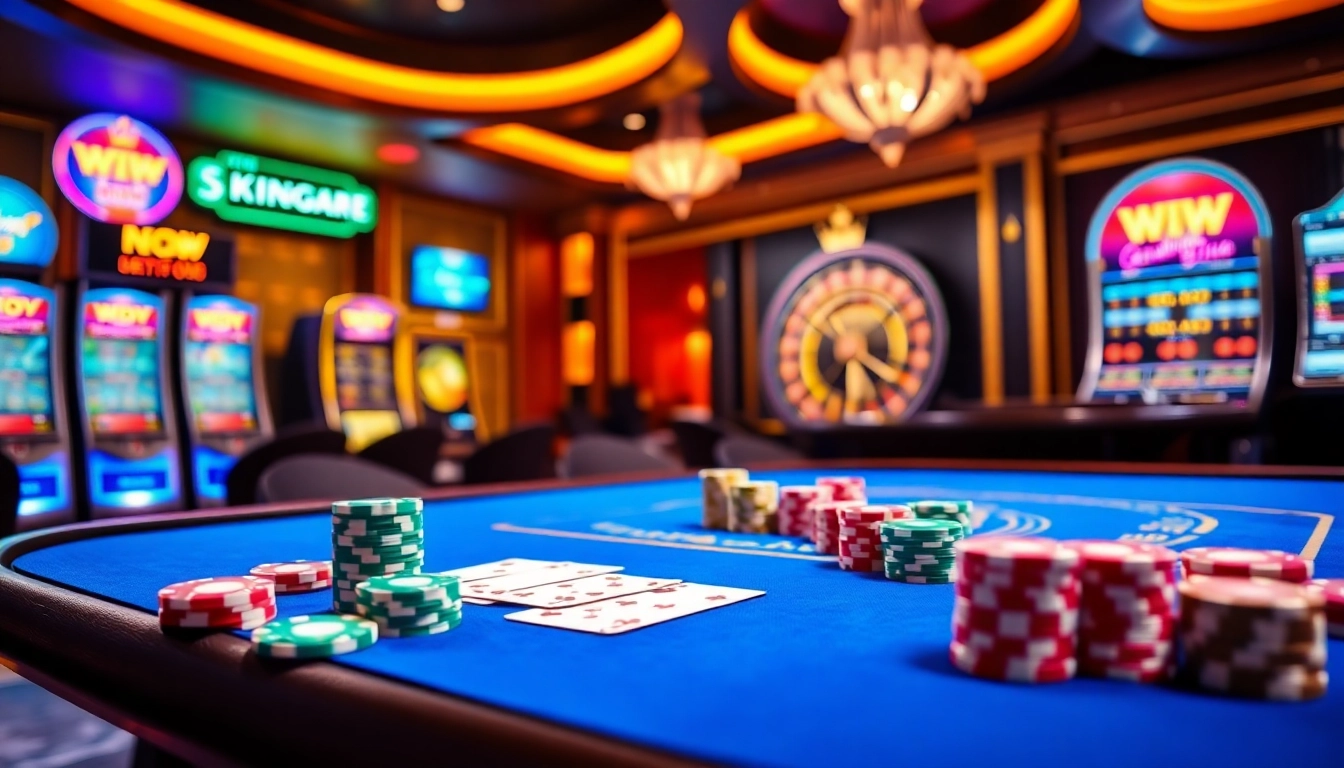 Play exciting games at King88's vibrant casino, featuring colorful poker chips and slot machines.