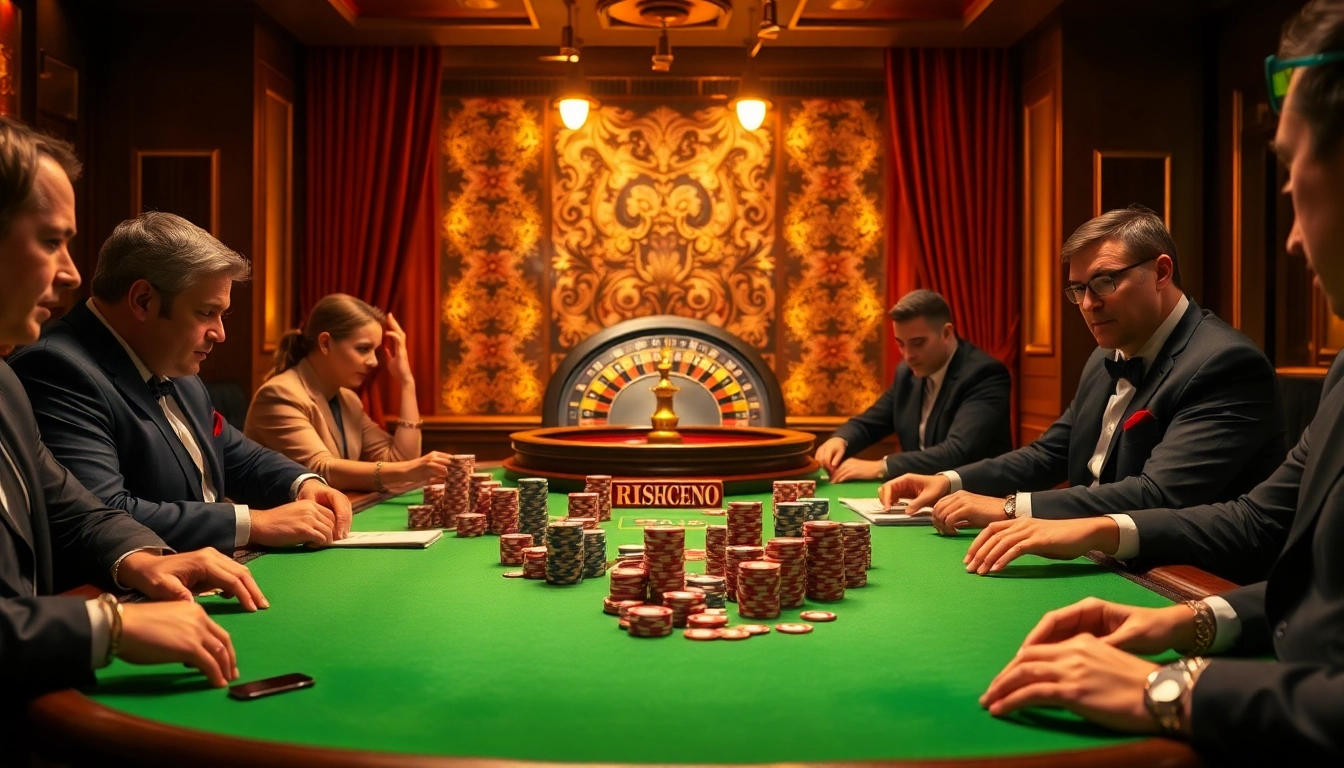 Engaged players at a KJC poker table, immersed in high-stakes action amidst a luxurious casino backdrop.