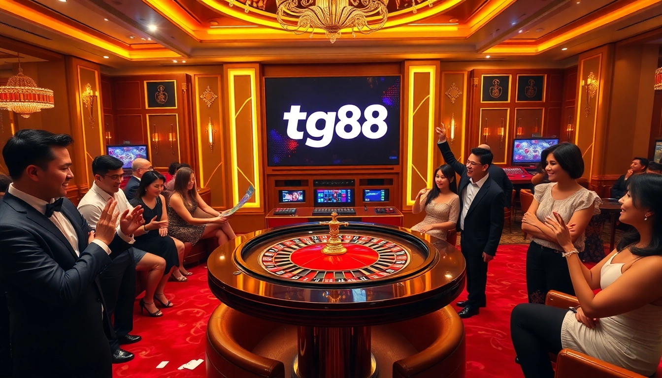 Players celebrating at a tg88 roulette table surrounded by poker chips and cards.