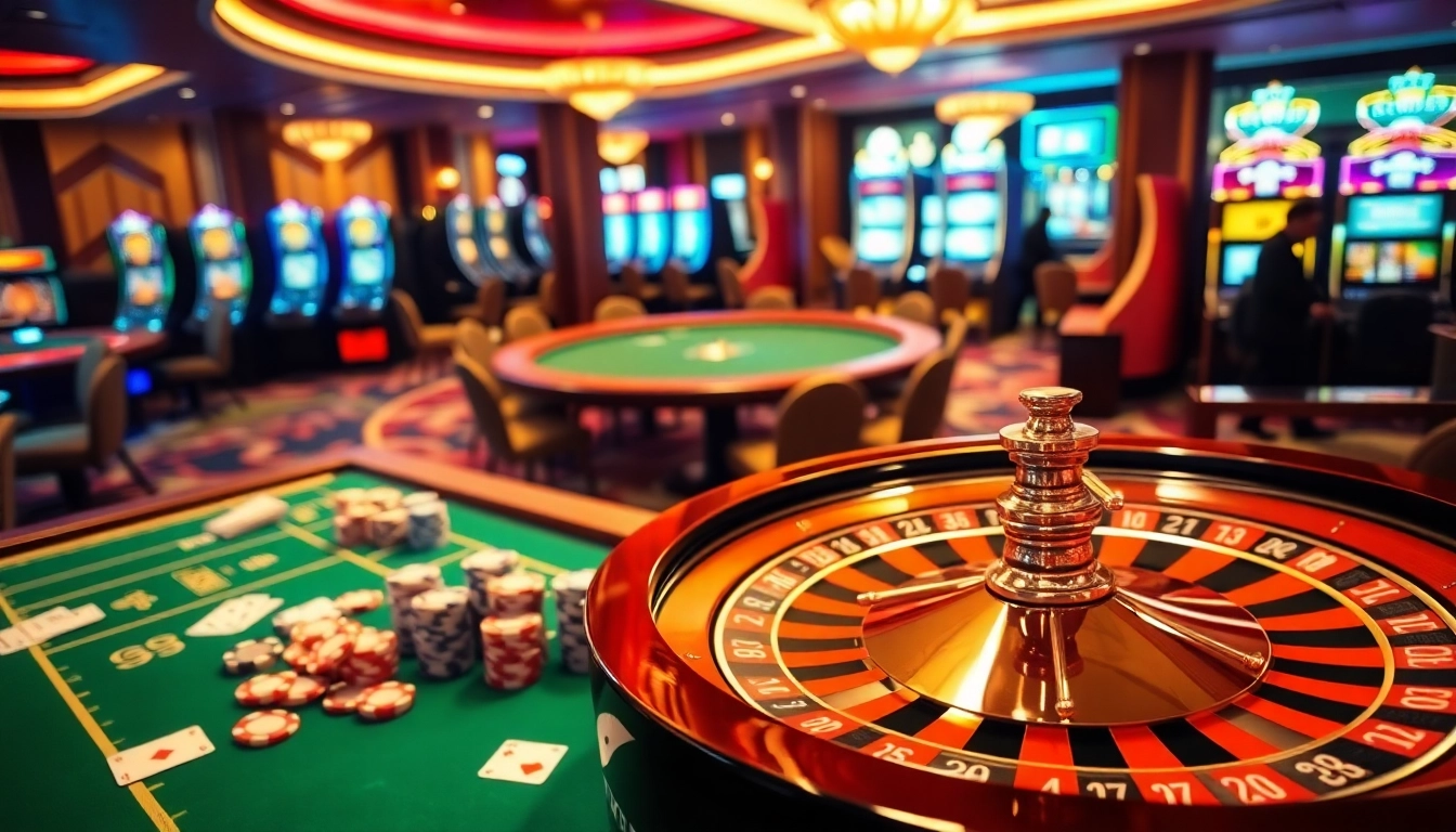 Experience the thrilling atmosphere of GG88 with lively casino tables and vibrant slot machines.