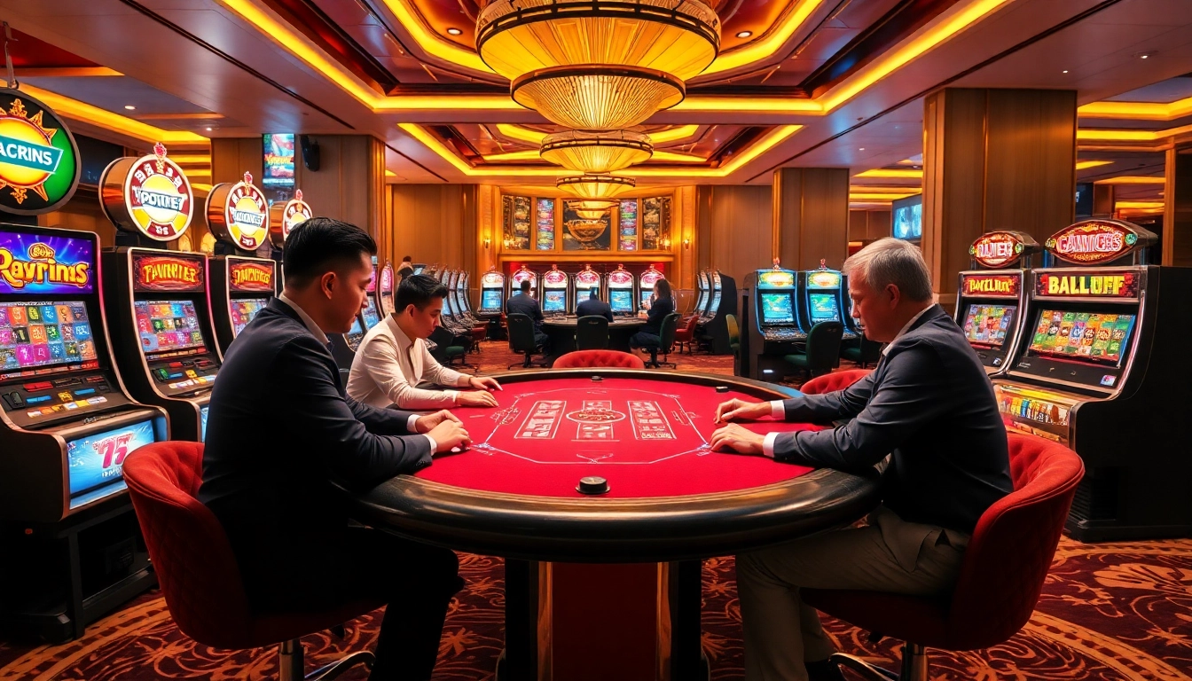 Players at max88 engage in poker amidst a luxurious casino ambiance with vibrant slot machines.