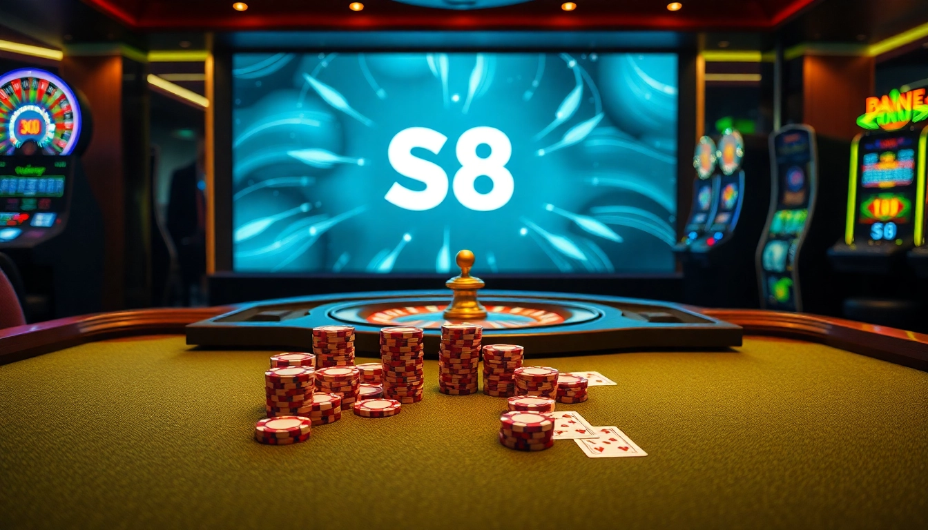 S8 gaming experience with vibrant casino tables and roulette wheel showcasing luxury betting.