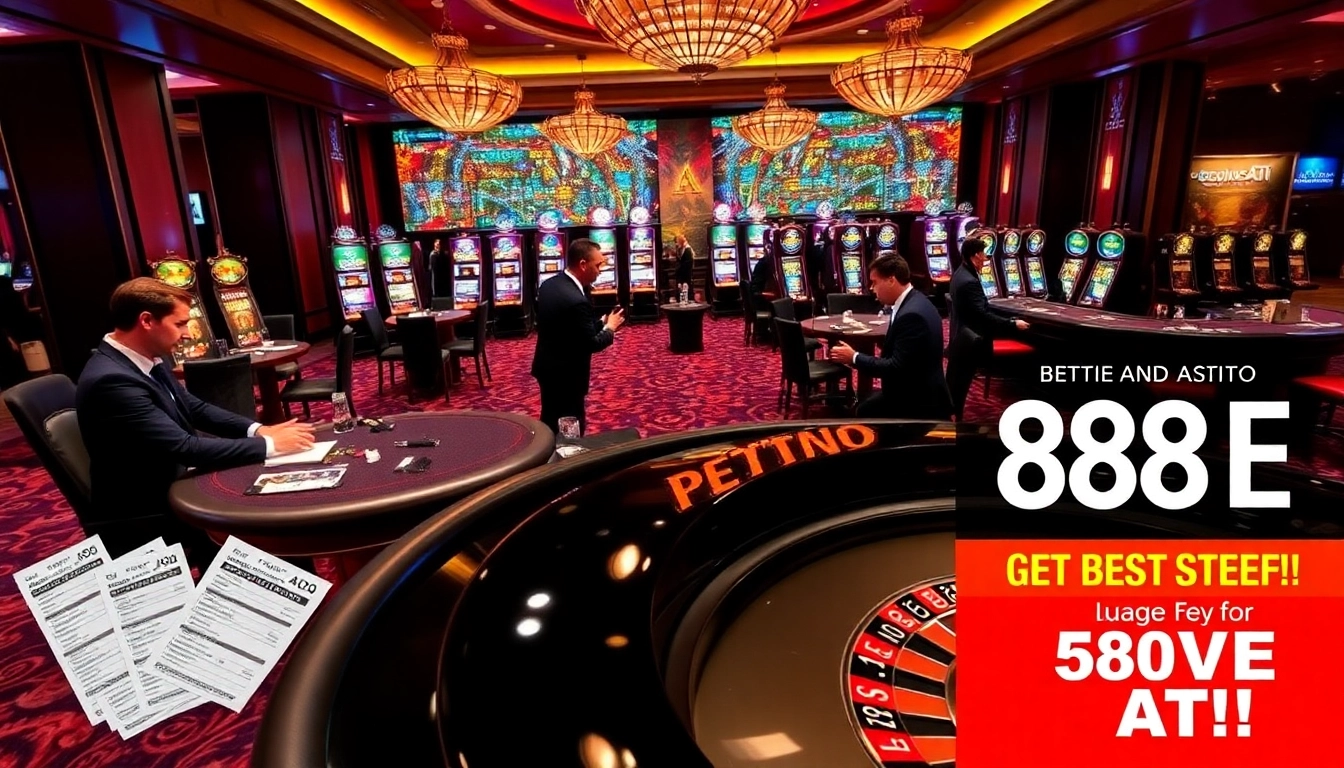 Engaging scene showcasing the excitement at 888vnd ATQ's poker and slot tables in a luxurious casino