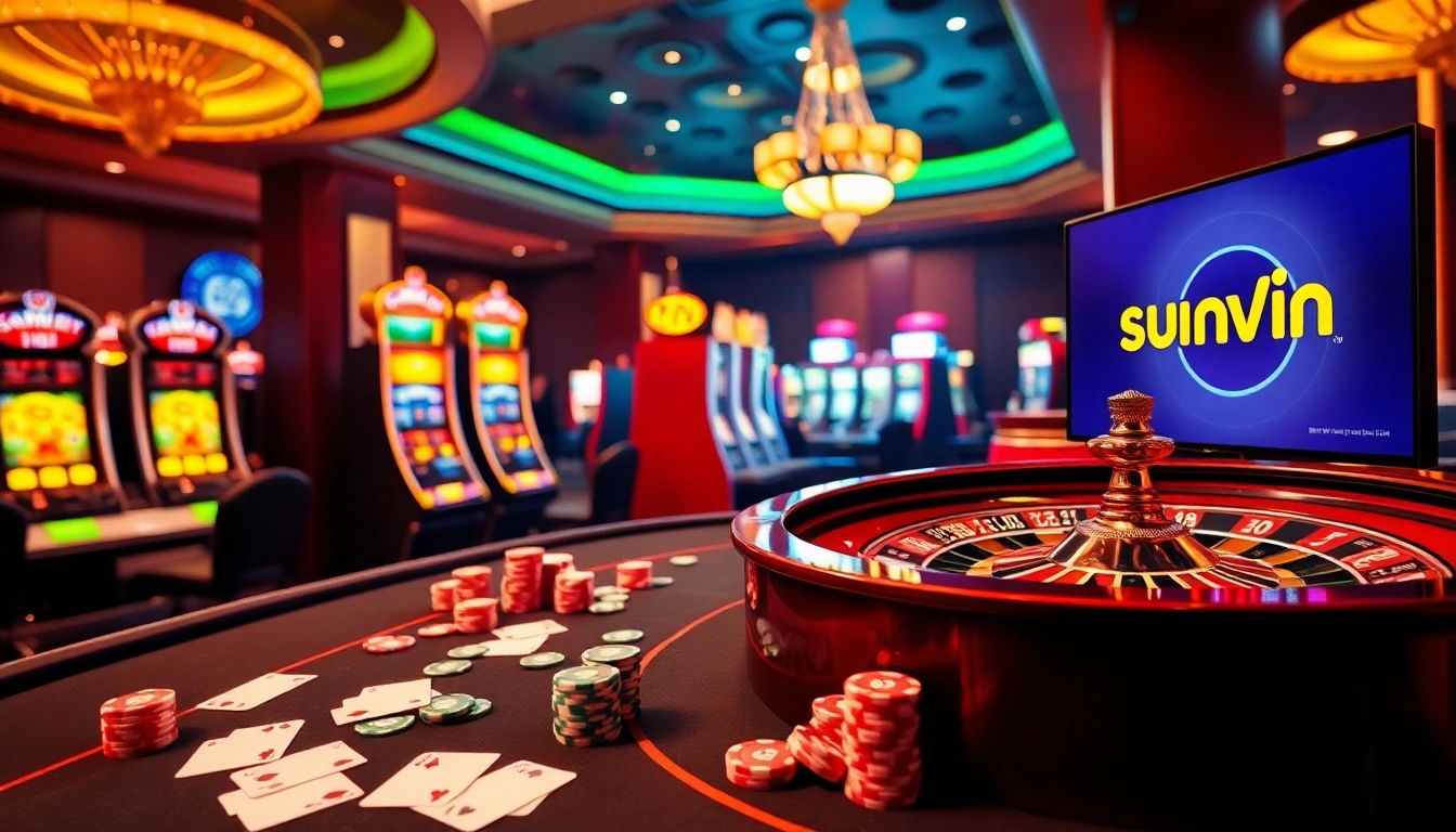 Experience thrilling gameplay at sunwin with vibrant casino elements like poker tables and slot machines.