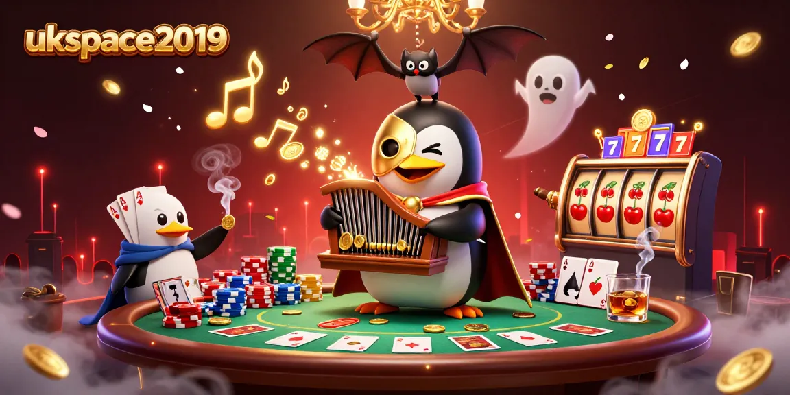 Engage with the vibrant casino scene in the ukspace2019 illustration featuring a phantom penguin and dynamic gaming elements.